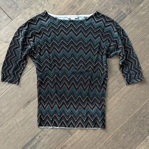 White House Black Market Black and Teal Zigzag Blouse